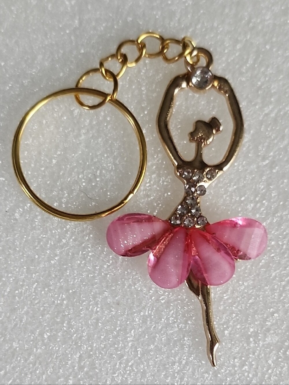 Hand Crafted Gold-Tone Ballerina Key & Card Holder with Pink Crystal Petals